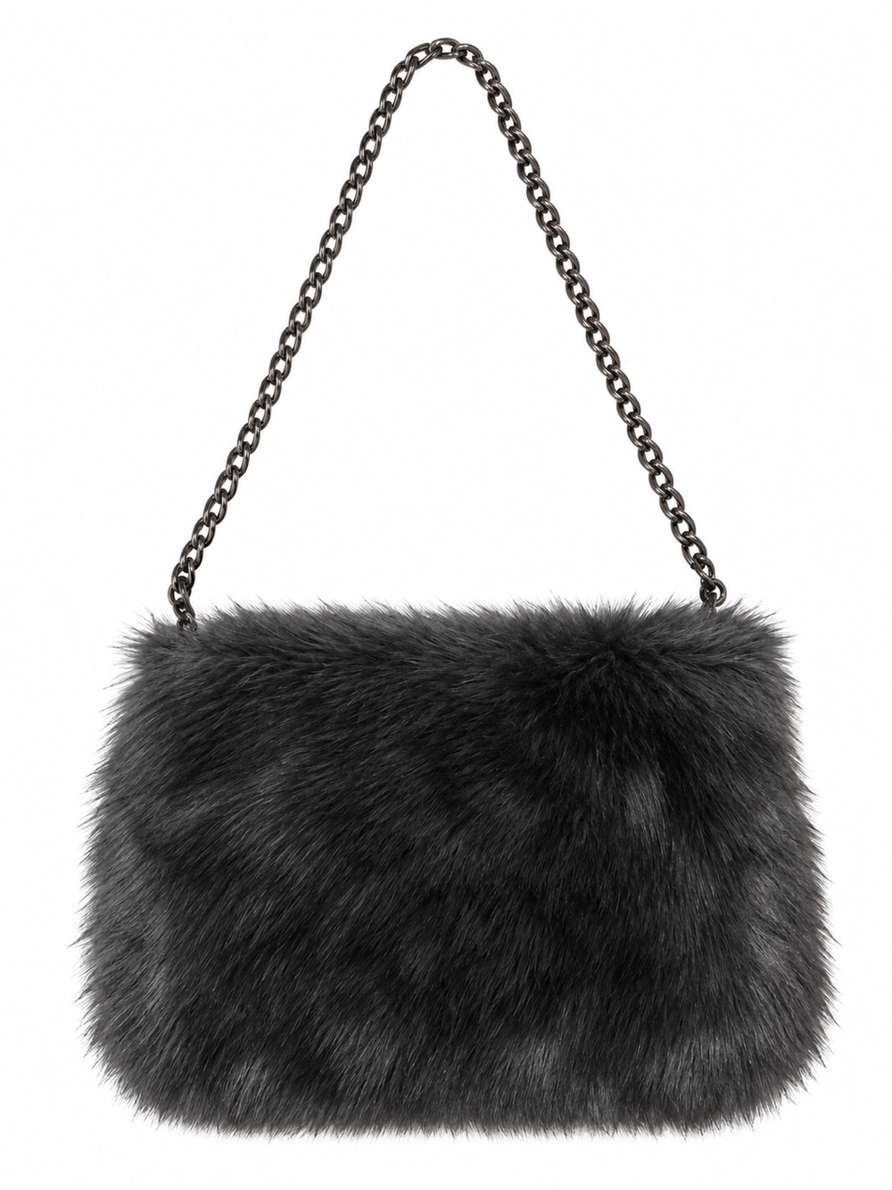 Vintage Faux Fur Chain-Handle Clutch in Charcoal